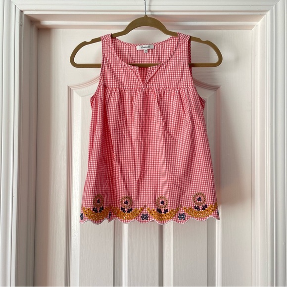 Madewell Red and White Gingham Tank Top with Embroidered Scalloped Hem - Picture 3 of 4